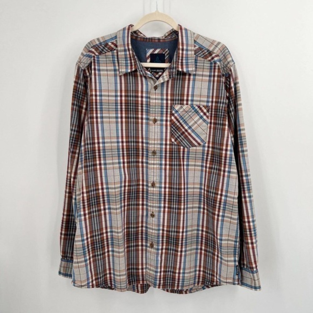 PrAna Button Up Shirt Mens Extra Large Plaid Long Sleeve Organic Cotton Outdoor